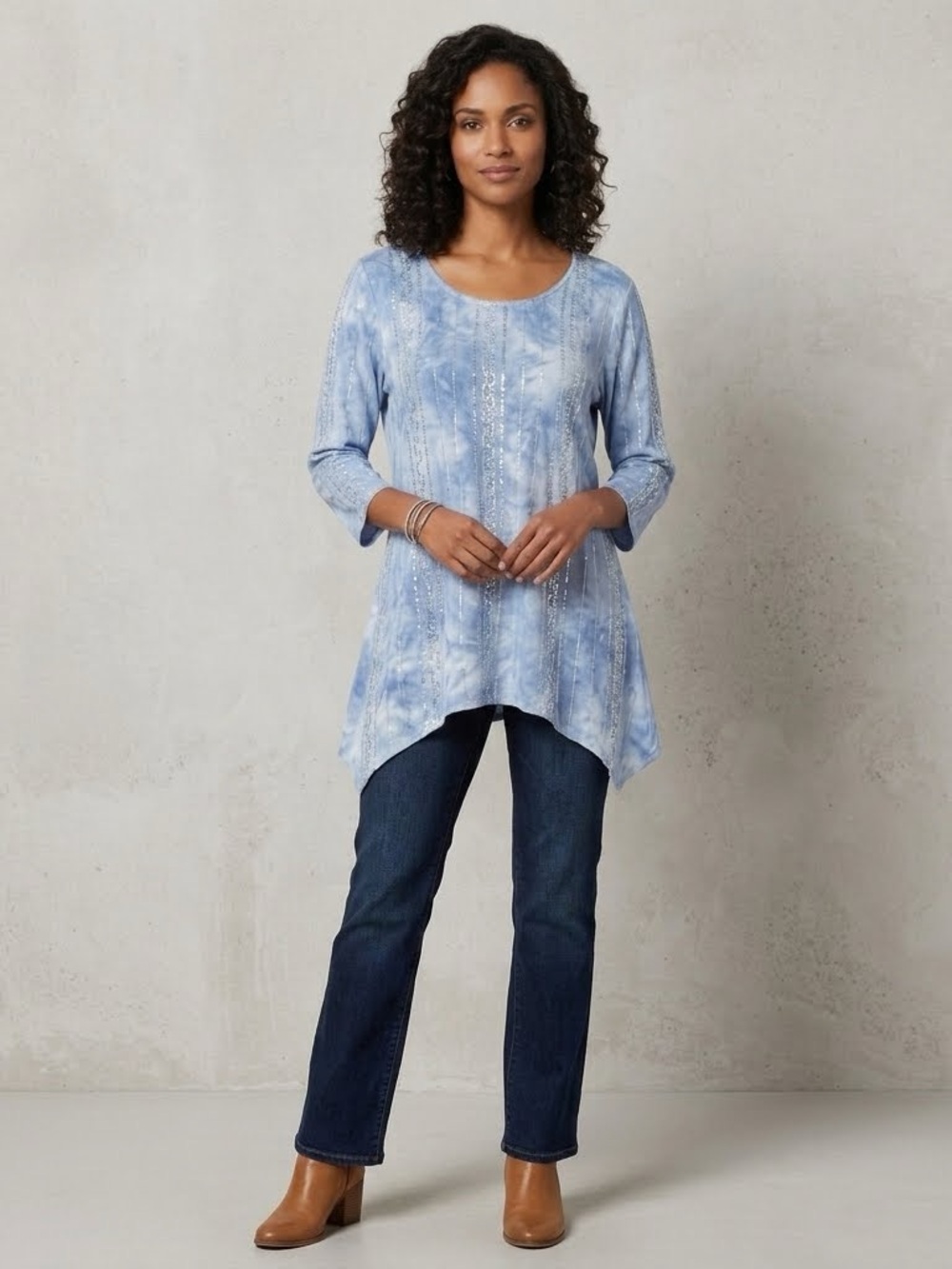 Ruby Rd. Light Blue Tie-Dye Beaded Scoop Neck Tunic Size L